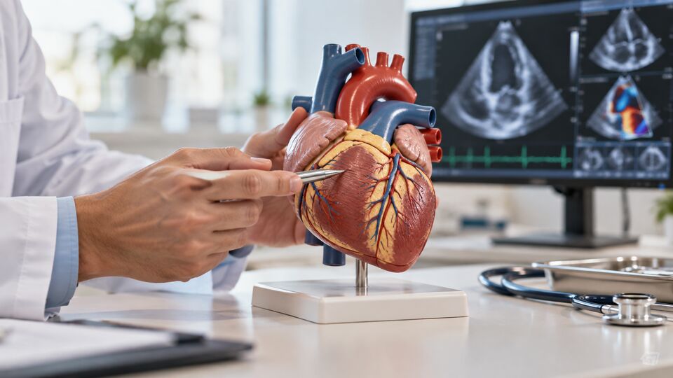 Doctor explaining a model of the heart, with heart scans on a monitor behind